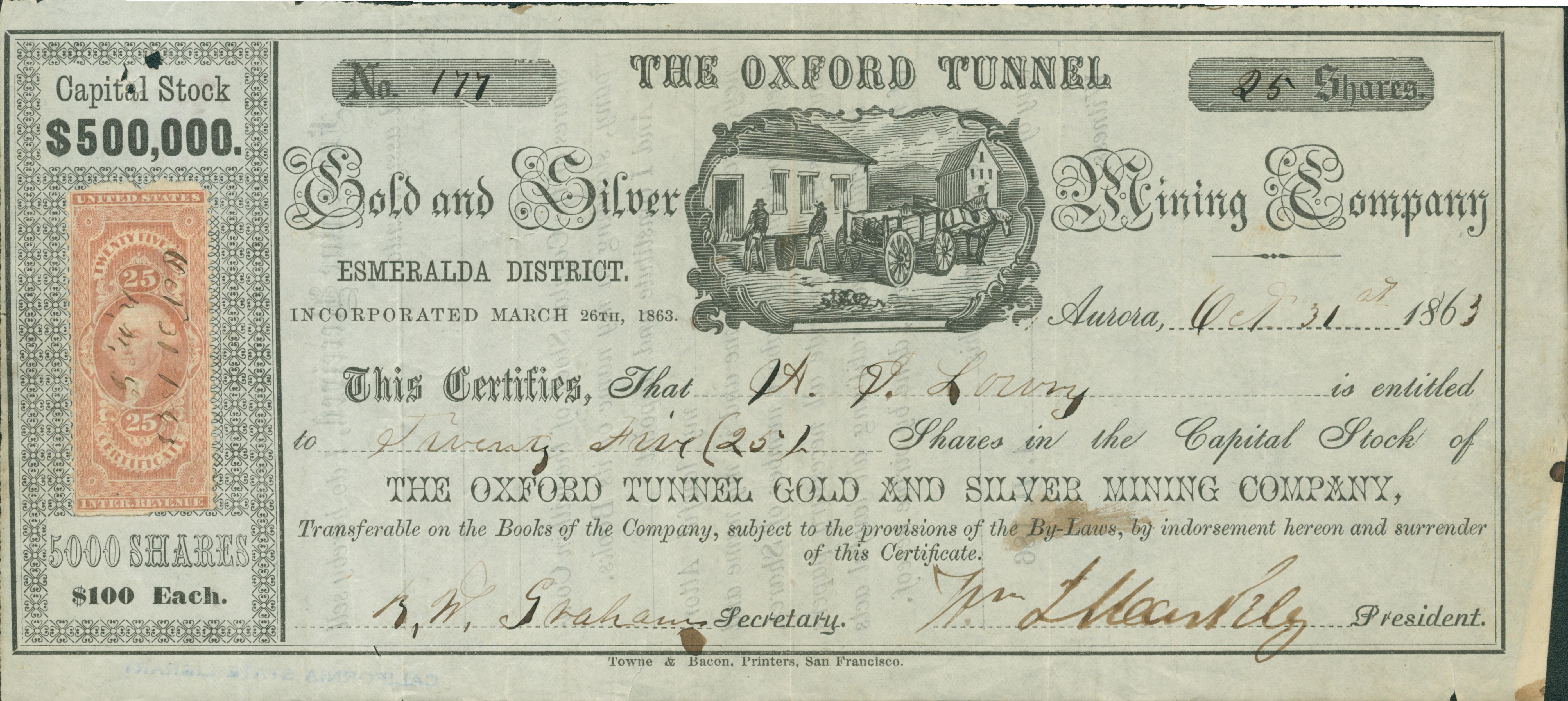 Certificate No. 177, for 25 Shares, signed by A. P. Lowry.  Towne & Bacon, Printers, San Francisco
